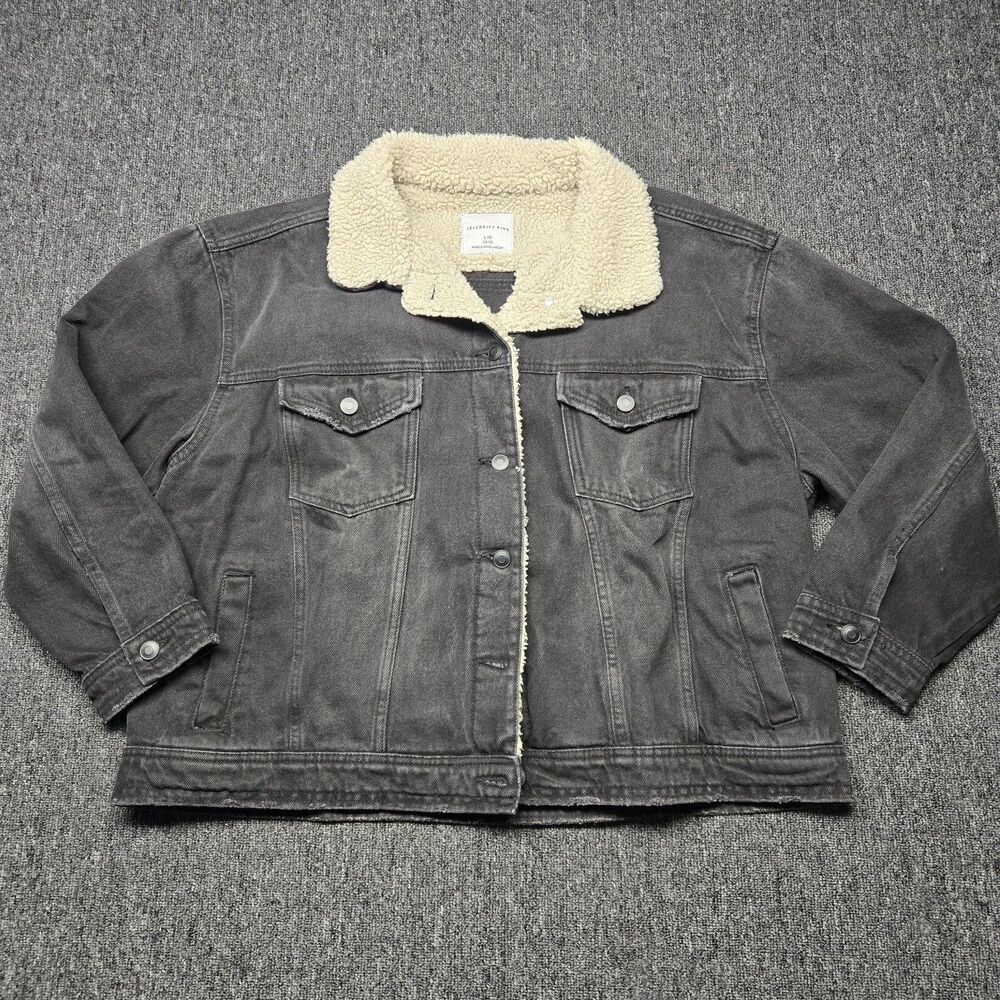 Celebrity Pink Women’s L Sherpa Denim Jacket Black Faux Shearling Lined Coat